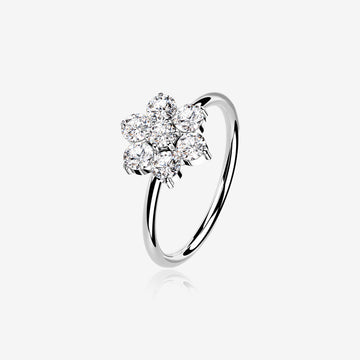 14 Karat White Gold Brilliant Sparkle Spring Flower Bendable Hoop Ring-Clear Gem